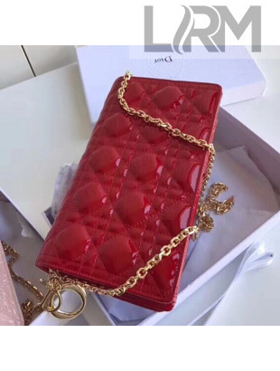 Dior Lady Dior Clutch with Chain in Cannage Patent Leather Red 2018