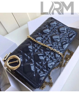 Dior Lady Dior Clutch with Chain in Cannage Patent Leather Navy Blue 2018