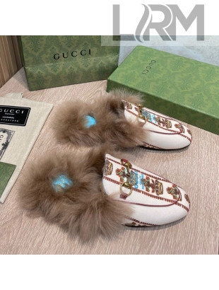Gucci 100 Flower Jacquard Canvas Fur Slippers White 2021 111626