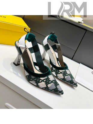 Fendi Colibri Karligraphy Slingback Pumps 8cm in Mesh and Embroidery Green 2021 