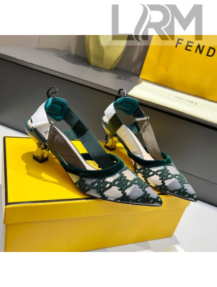 Fendi Colibri Karligraphy Slingback Pumps 6cm in Mesh and Embroidery Green 2021 