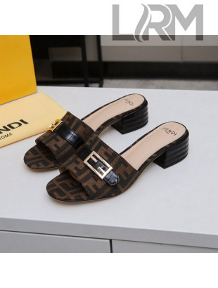 Fendi FF Canvas Slide Sandals 4cm Brown 2022