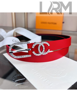 Chanel Smooth Calf Leather Belt 2cm with Crystal Buckle Red 2022 033145