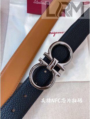 Ferragamo Men's Calf Leather Belt 3.5cm Tan Brown/Matte Silver 2022 033139