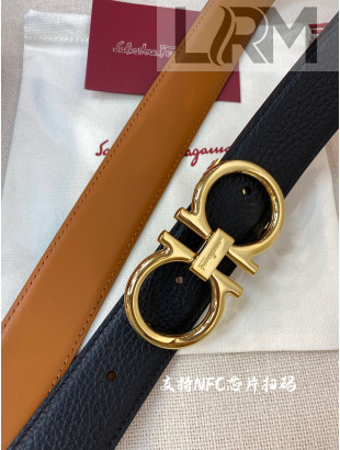 Ferragamo Men's Calf Leather Belt 3.5cm Tan Brown/Shiny Gold 2022 033138