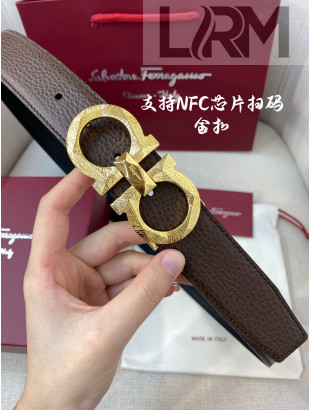 Ferragamo Men's Gained Calf Leather Belt 3.5cm Taupe Grey/Shiny Gold 2022 033135