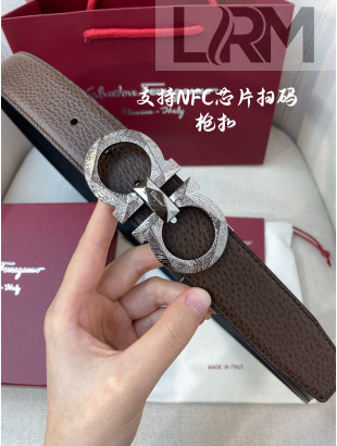 Ferragamo Men's Gained Calf Leather Belt 3.5cm Taupe Grey/Matte Silver 2022 033136