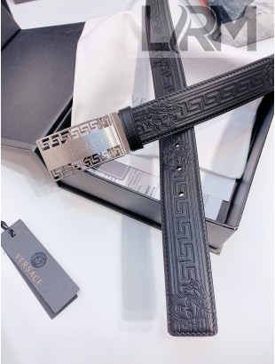 Versace Logo Embossed leather Belt 3.5cm Black/Silver 2022 040294