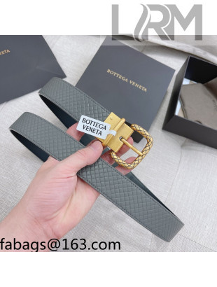 Bottega Veneta Intrecciato-Like Calfskin Belt 3.5cm with Sqaure Buckle Grey/Gold 2021