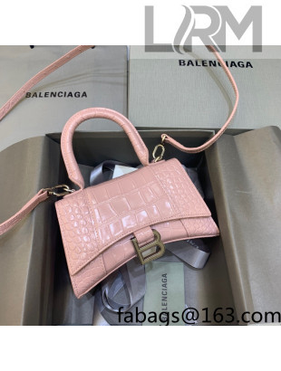 Balenciaga Hourglass Mini Top Handle Bag in Shiny Crocodile Leather Powder Pink 2021