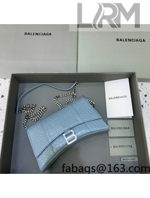 Balenciaga Hourglass Chain Wallet in Shiny Crocodile Leather Dusty Blue/Silver 2021