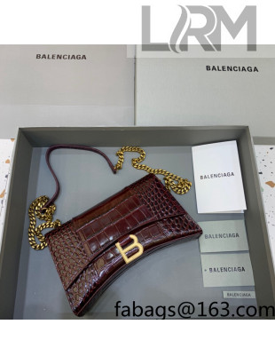 Balenciaga Hourglass Chain Wallet in Shiny Crocodile Leather Burgundy/Gold 2021