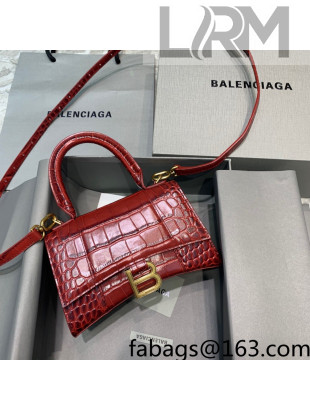 Balenciaga Hourglass Mini Top Handle Bag in Shiny Crocodile Leather Burgundy 2021