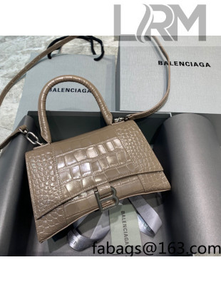 Balenciaga Hourglass Small Top Handle Bag  in Shiny Crocodile Leather Dark Beige/Silver 2022