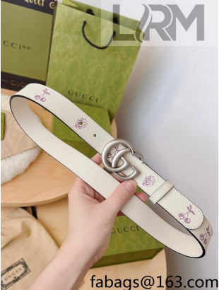 Gucci Berry Print Leather Belt 3cm White/Silver 2022 033066