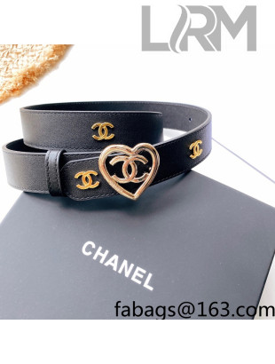 Chanel Love Leather Belt 3cm with Heart Buckle Black/Gold 2022 033063
