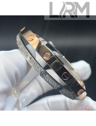 Cartier 18K Pink & White Gold Pave Diamonds Double Love Bangle Bracelet