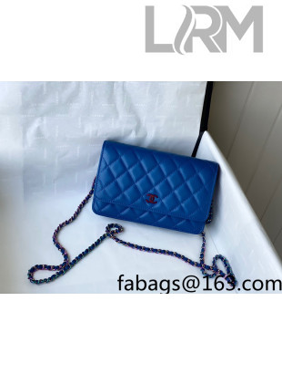 Chanel Lambskin & Rainbow Metal Wallet on Chain WOC AP0250 Blue 2021