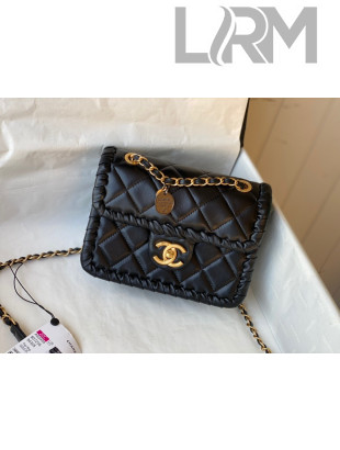 Chanel Calfskin Braided Trim Mini Square Flap Bag AS2495 Black 2022