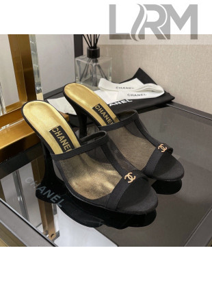 Chanel Mesh High Heel Slide Sandals 8cm Black 2022 02