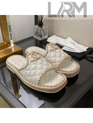 Chanel Lambskin Chain Flat Slide Sandals White 2022 030448