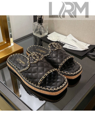 Chanel Lambskin Chain Flat Slide Sandals Black 2022 030449