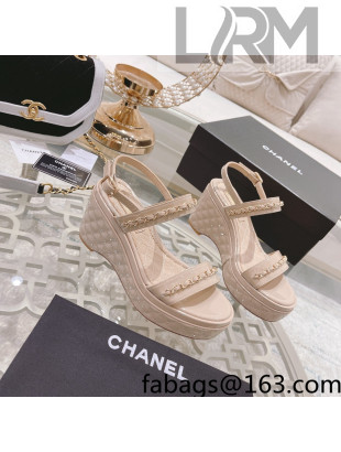 Chanel Patent Leather Wedge Sandals with Chain Nude Pink 2022