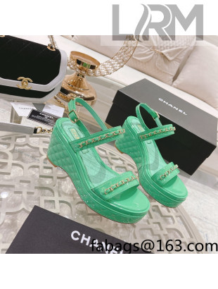 Chanel Patent Leather Wedge Sandals with Chain Green 2022