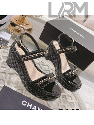 Chanel Patent Leather Wedge Sandals with Chain Black 2022