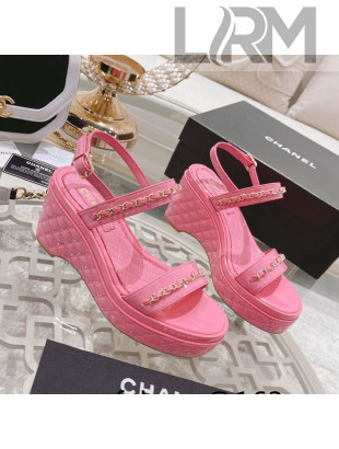 Chanel Patent Leather Wedge Sandals with Chain Light Pink 2022