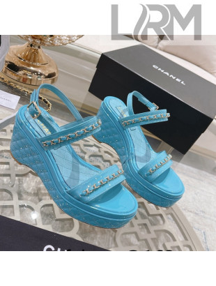 Chanel Patent Leather Wedge Sandals with Chain Blue 2022