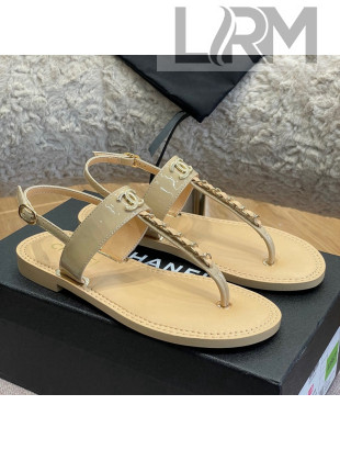 Chanel Patent Calfskin Flat Sandals G38221 Beige 2022