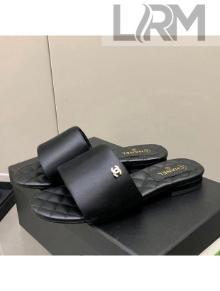 Chanel Satin Flat Slide Sandals G38858 Black 2022