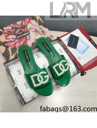 Dolce & Gabbana Patent Leather Crystal DG Flat Slide Sandals Green 2022