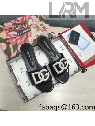 Dolce & Gabbana Patent Leather Crystal DG Flat Slide Sandals Black 2022