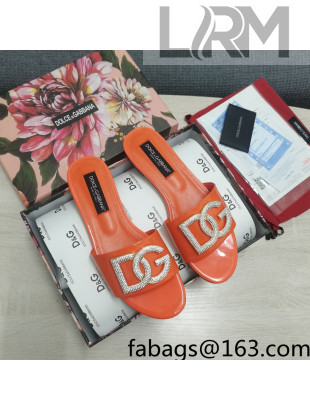 Dolce & Gabbana Patent Leather Crystal DG Flat Slide Sandals Orange 2022