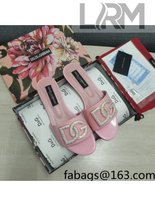 Dolce & Gabbana Patent Leather Crystal DG Flat Slide Sandals Light Pink 2022