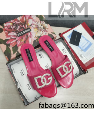 Dolce & Gabbana Patent Leather Crystal DG Flat Slide Sandals Dark Pink 2022