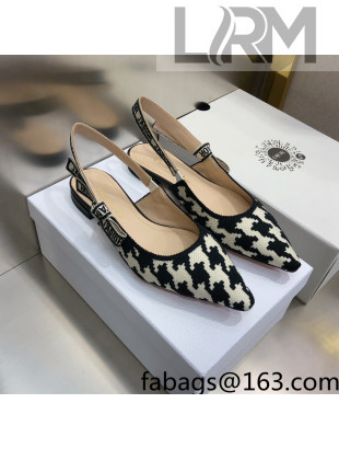 Dior J'Adior Slingback Ballerina Flat in Cotton Embroidery with Micro Houndstooth Black/White 2021  
