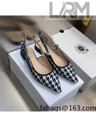 Dior J'Adior Slingback Ballerina Flat in Cotton Embroidery with Micro Houndstooth Deep Blue/White 2021  