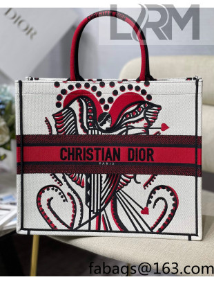 Dior Large Book Tote Bag in White and Red Multicolor Cupidon Embroidery 2022