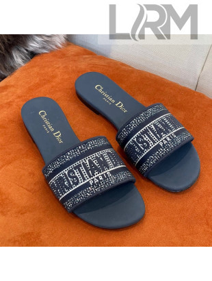 Dior Dway Flat Slide Sandals in Crystal Embroidery Navy Blue 2022 032539