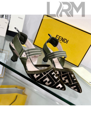 Fendi Colibrì Medium Heel Slingback Pumps 5.5cm in Velvet FF Mesh Green 2022