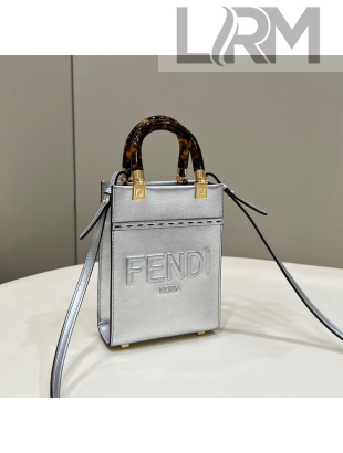 Fendi Sunshine Mini Shopper Tote Bag in Laminated Leather Silver 2021 8376