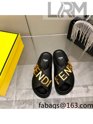 Fendi Fendigraphy Leather Lettering Flat Slide Sandals Black 2022 032238