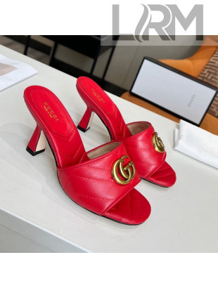 Gucci Diagonal Leather Medium Heel Slide Sandals with Double G Red 2022 