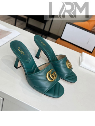 Gucci Diagonal Leather Medium Heel Slide Sandals with Double G Green 2022 