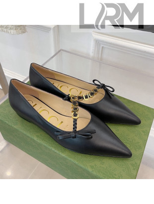 Gucci Leather Ballet Flat with 'GUCCI' Bow Black 2022