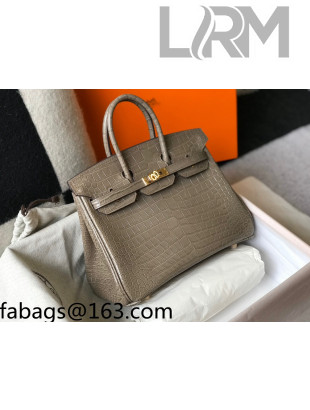 Hermes Birkin 25cm Bag in Crocodile Embossed Calf Leather Grey/Gold 2021 