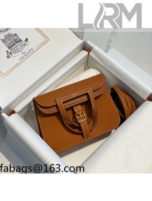 Hermes Halzan Mini 22cm Bag in Togo Calfskin Leather Brown/Gold 2021 09
